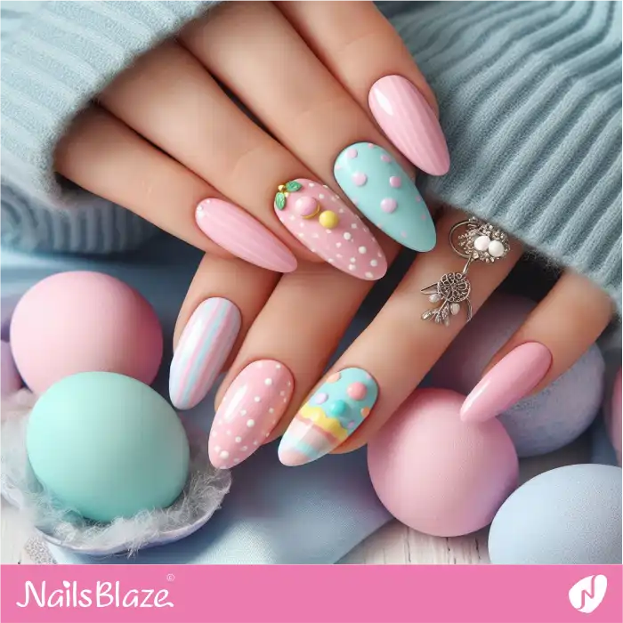 Mini Eggs on Almond Pink and Blue Nails | Easter Nails - NB3458